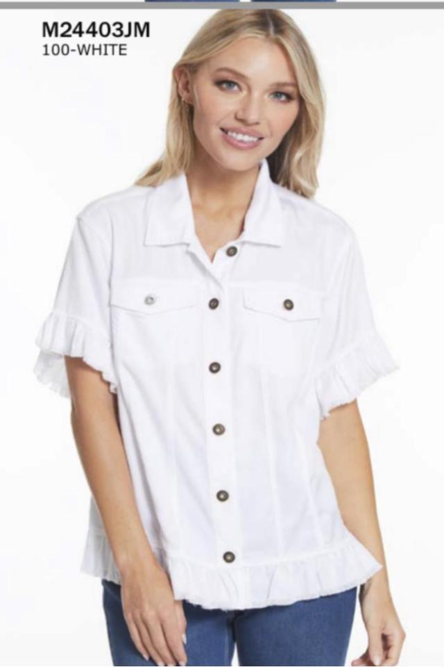 Ruffle short sleeve 2 pocket ruffle hem jean jacket Product Image