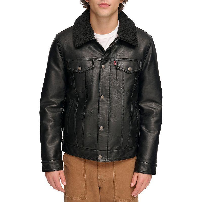 Mens Levis Faux Leather Sherpa Collar Trucker Jacket Black Product Image