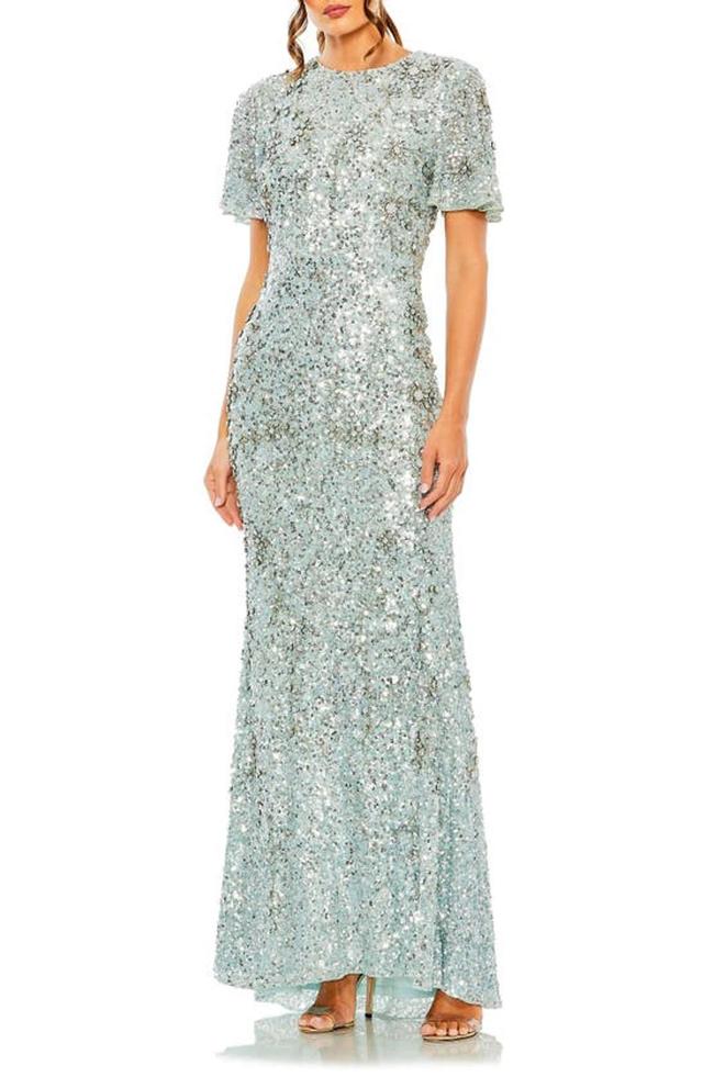 Flutter Sleeve Sequin High Neck Dress In French Blue Product Image