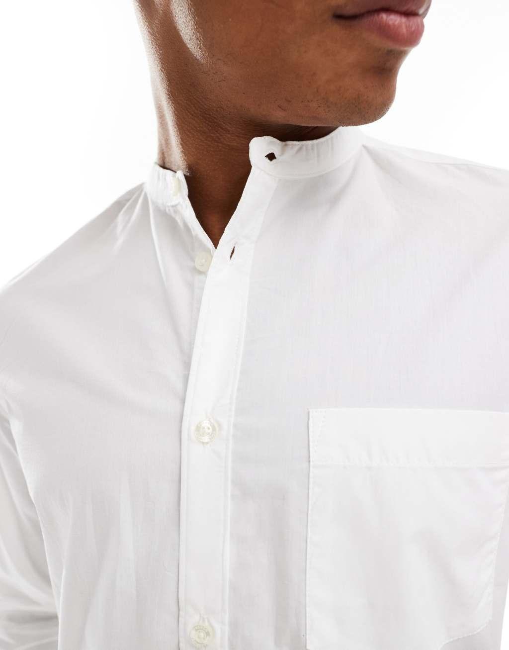 French Connection long sleeve henley shirt with single breast pocket in white Product Image