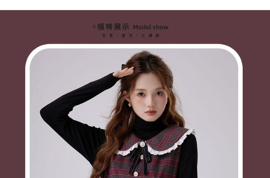 Sleeveless Peter Pan Collar Plaid Bow Accent Lace Trim Midi A-Line Dungaree Dress Product Image