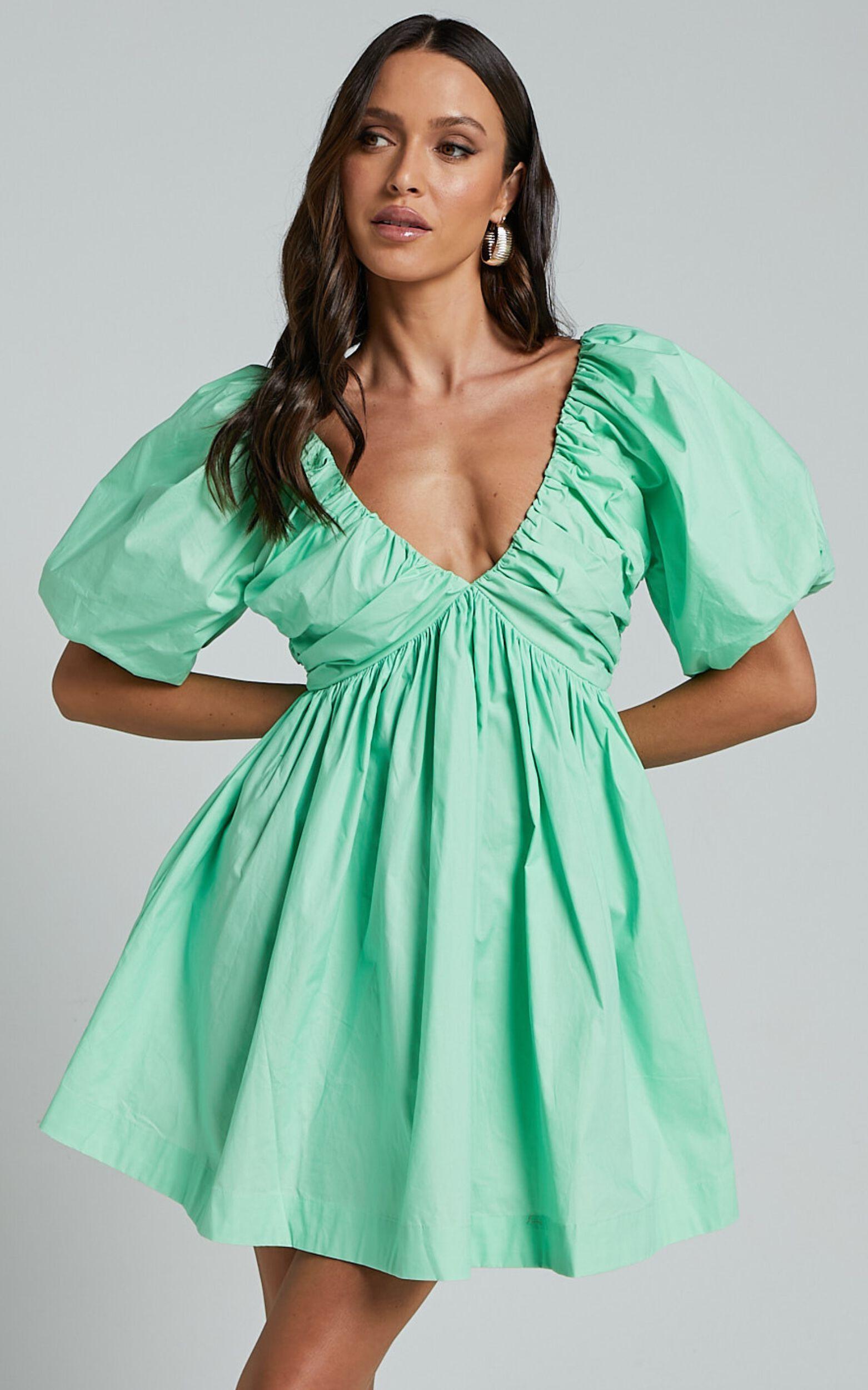 Celie Mini Dress - Puff Sleeve Empire Waist Dress in Mint Green Product Image