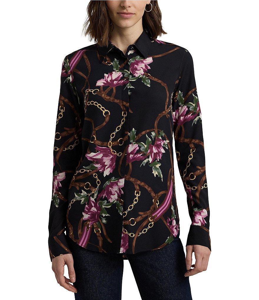 Lauren Ralph Lauren Petite Size Equestrian-Inspired Floral Print Crepe Long Sleeve Button-Front Shirt Product Image