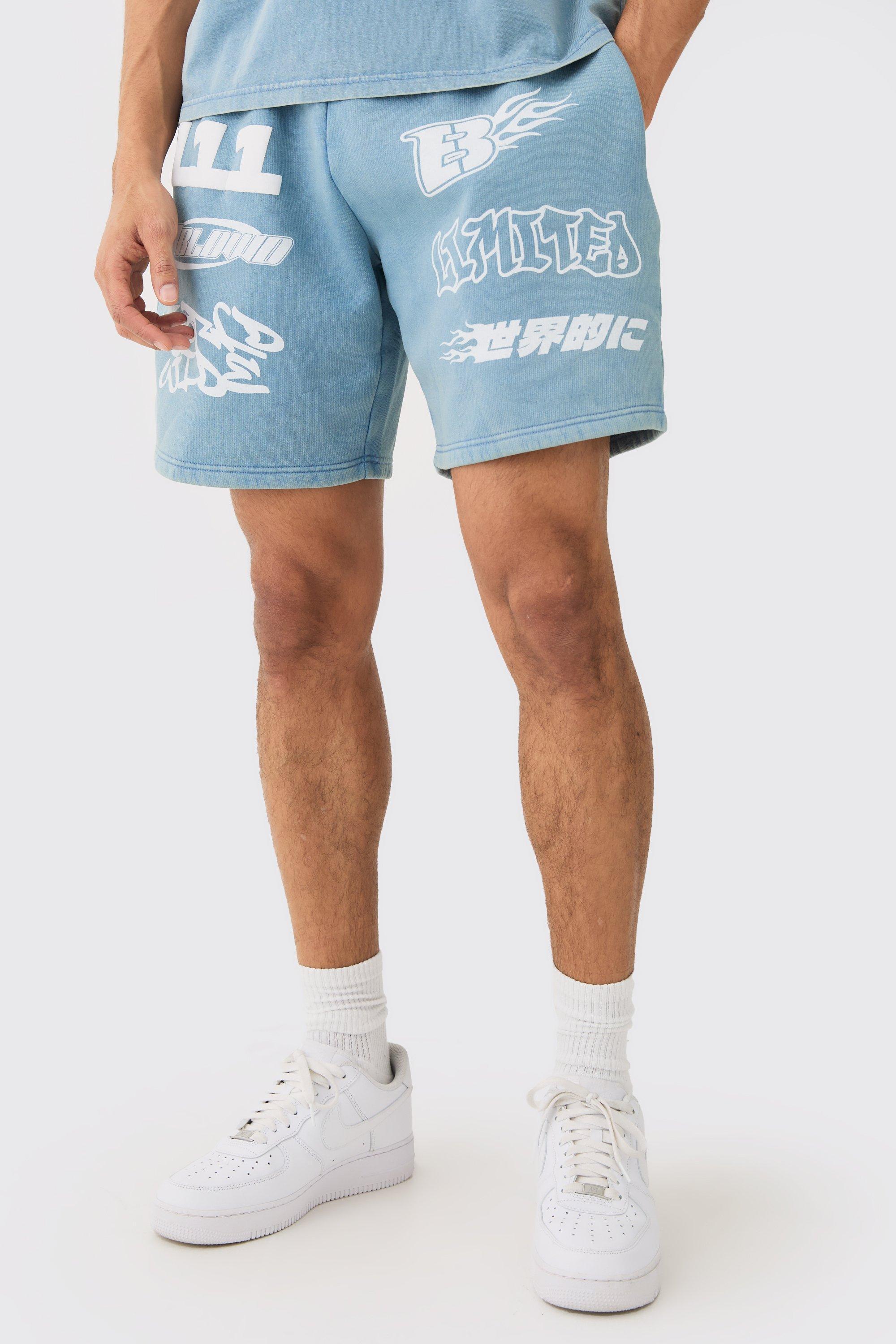 Relaxed Moto Puff Print Washed Shorts | boohooMAN USA Product Image