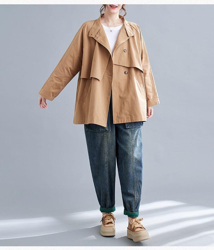 Stand Collar Plain Single-Breasted Trench Jacket Product Image