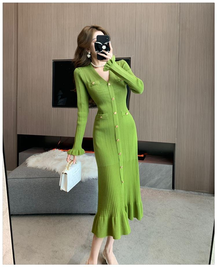 Long Sleeve V-Neck Plain Ribbed Knitted Bodycon Midi Dress Product Image