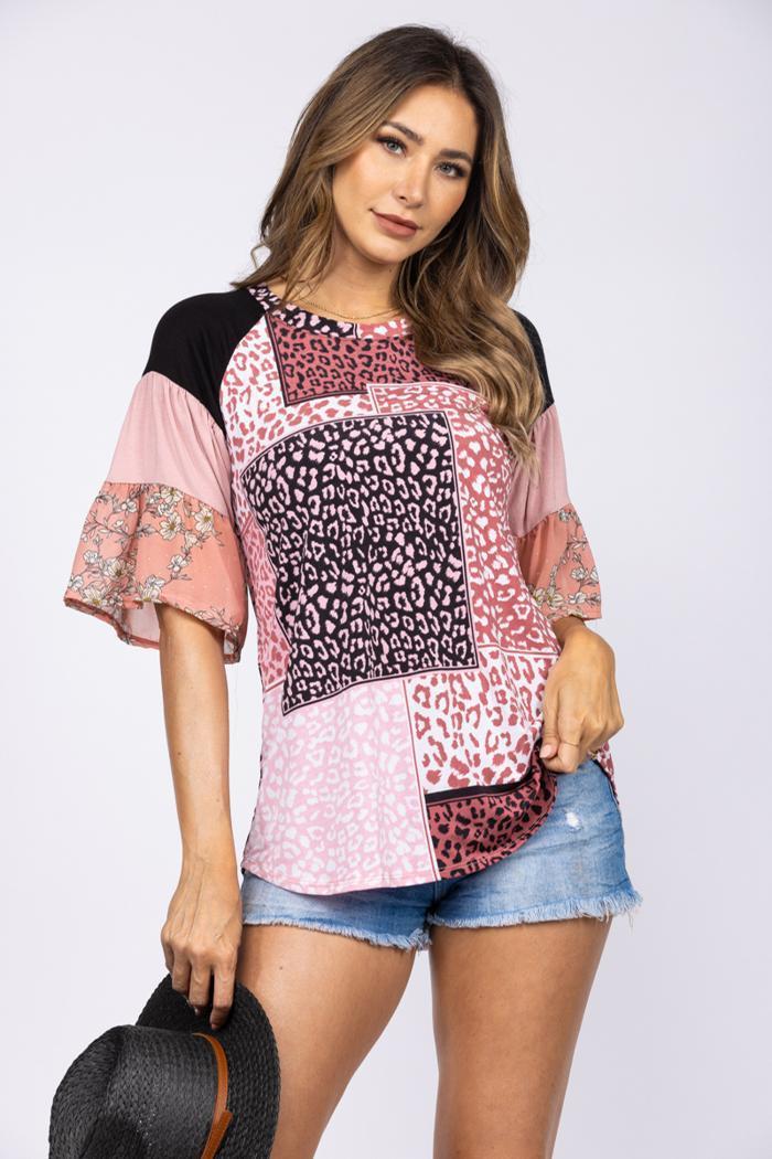 Patchwork Print Bell Sleeve Top Product Image