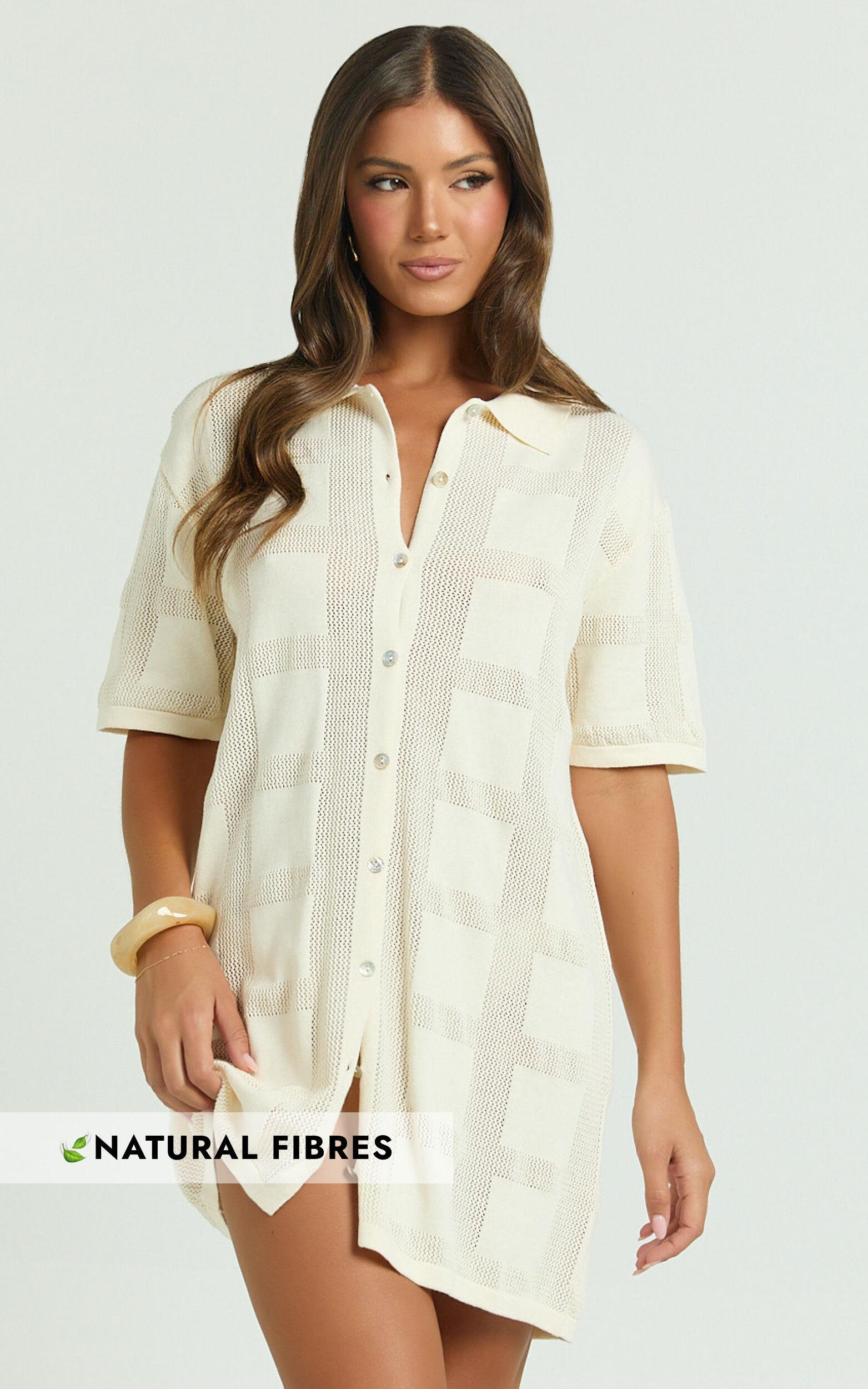 Tully Mini Dress - Knitted Button Through Shift Dress in Cream Product Image