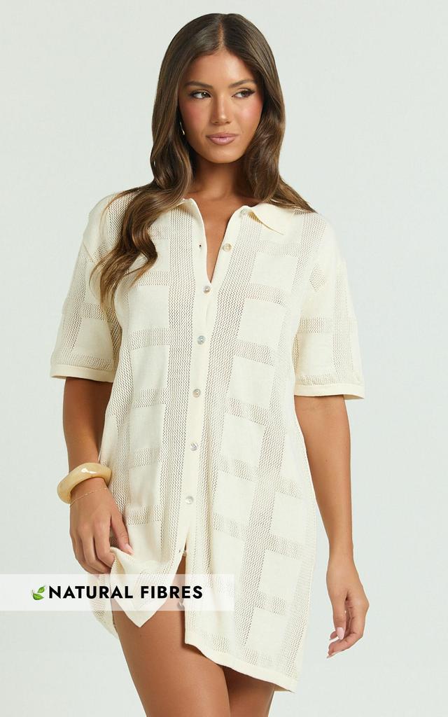 Tully Mini Dress - Knitted Button Through Shift Dress in Cream Product Image