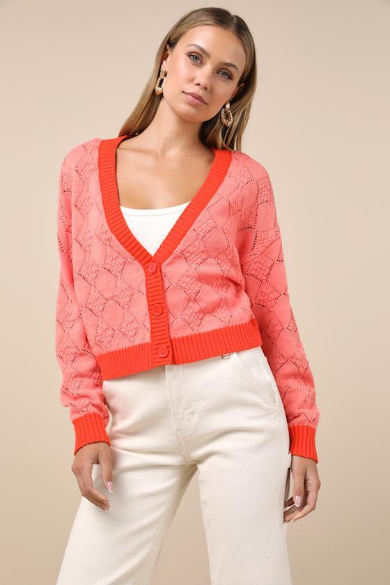 Playful Vibes Coral Pink Color Block Knit Cardigan Sweater Top Product Image