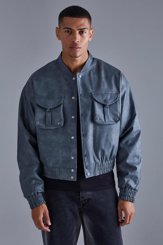 Boxy Cargo Pocket Washed Pu Bomber | boohooMAN USA Product Image