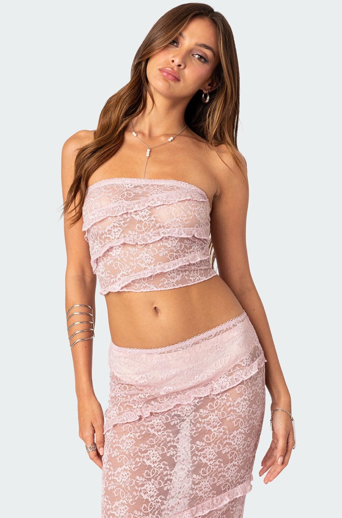 Myra Sheer Lace Ruffle Tube Top Product Image