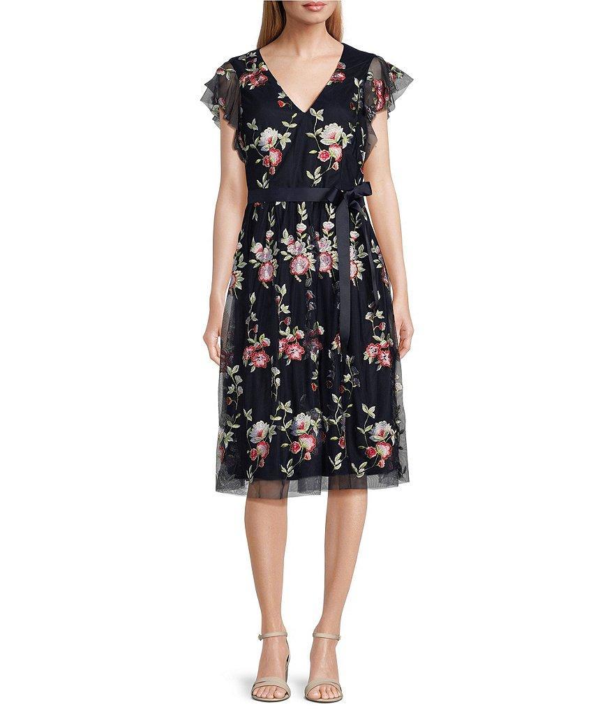 Jessica Howard Short Flutter Sleeve V-Neck Floral Embroidered Mesh Dress Product Image