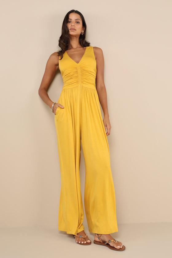 Breezy Fascination Mustard Yellow Ruched Cutout Jumpsuit Product Image