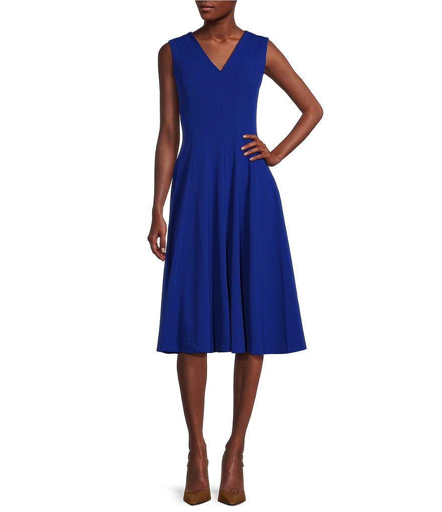 Calvin Klein Scuba Crepe Sleeveless V-Neck Fit and Flare Dress Product Image