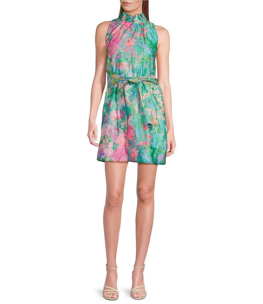 Abbey Glass Betty Ruffle Mock Neck Tie Waist Watercolor Floral Mini Dress Product Image