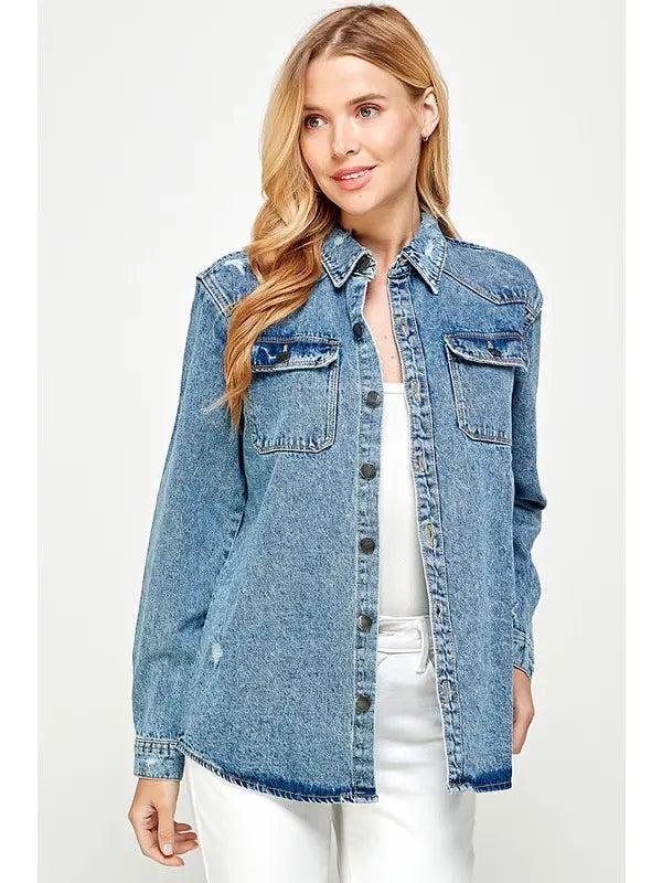 Women's Distressed Denim Wash Jacket Product Image