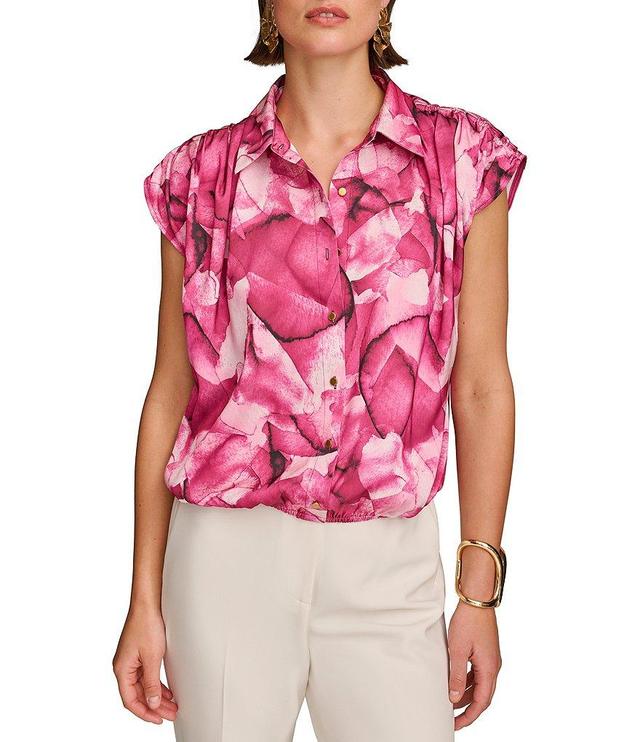 Donna Karan Floral Print Collared Neckline Ruched Cap Sleeve Blouse Product Image