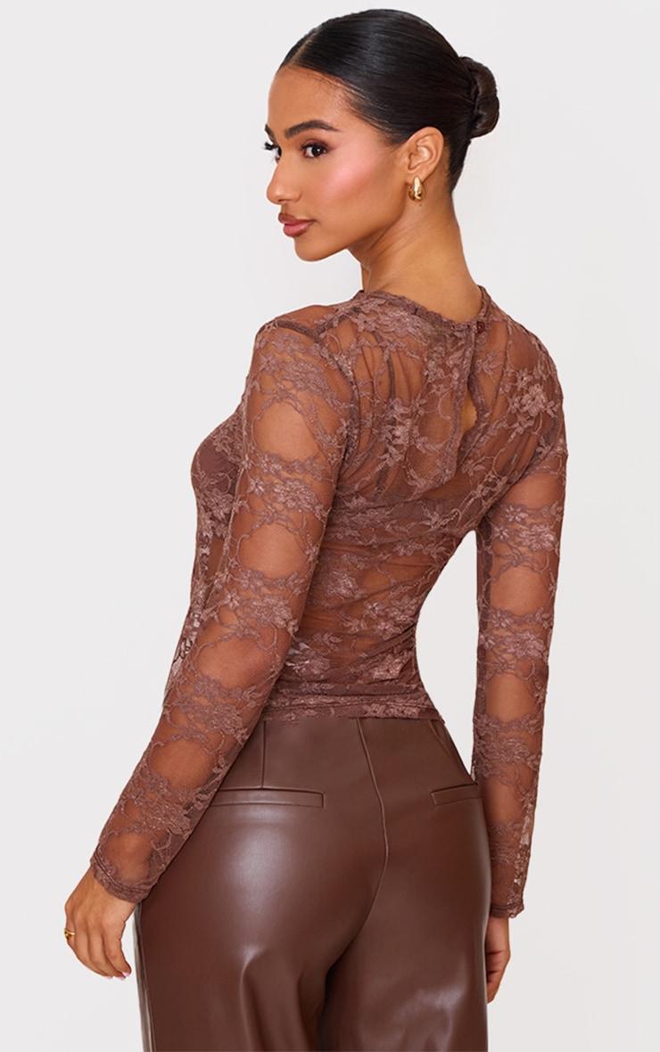 Petite Brown Long Sleeve Lace Top Product Image