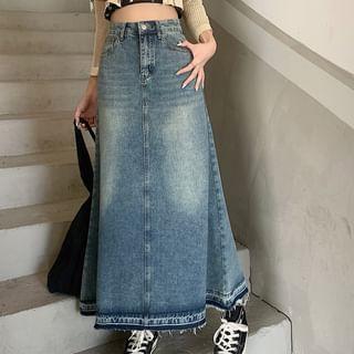 High Rise Washed Denim Maxi Mermaid Skirt Product Image