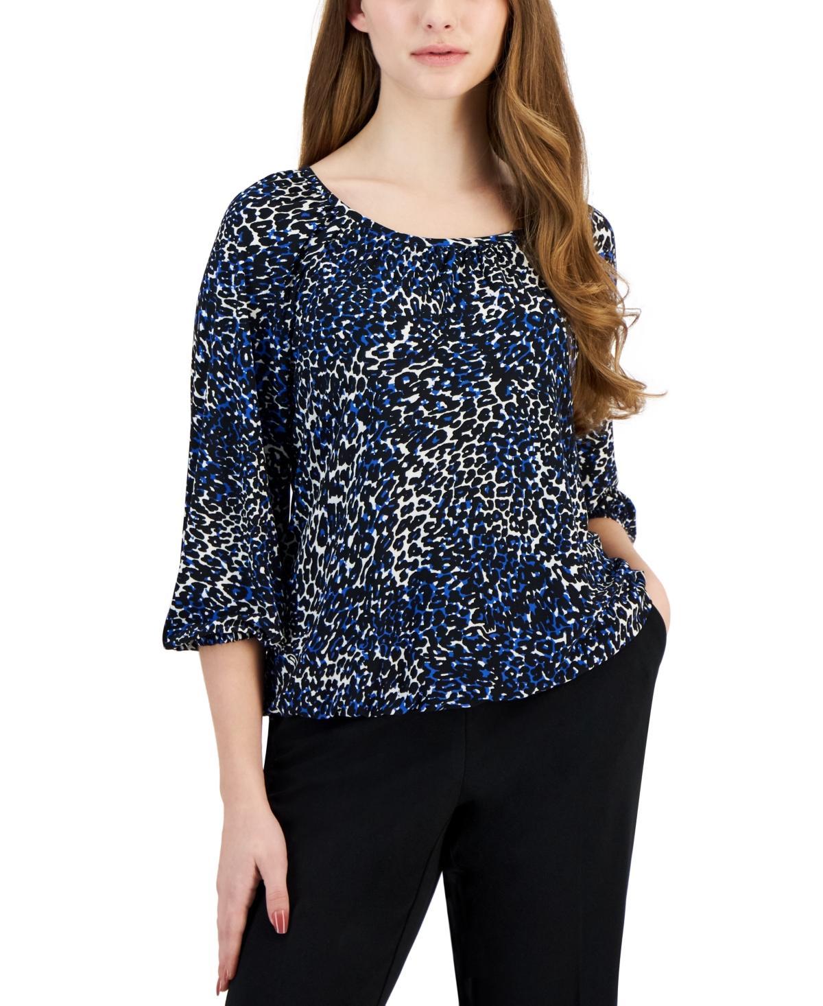 Ak Anne Klein Petite Printed Shirred 3/4-Sleeve Top - Anne Black Product Image