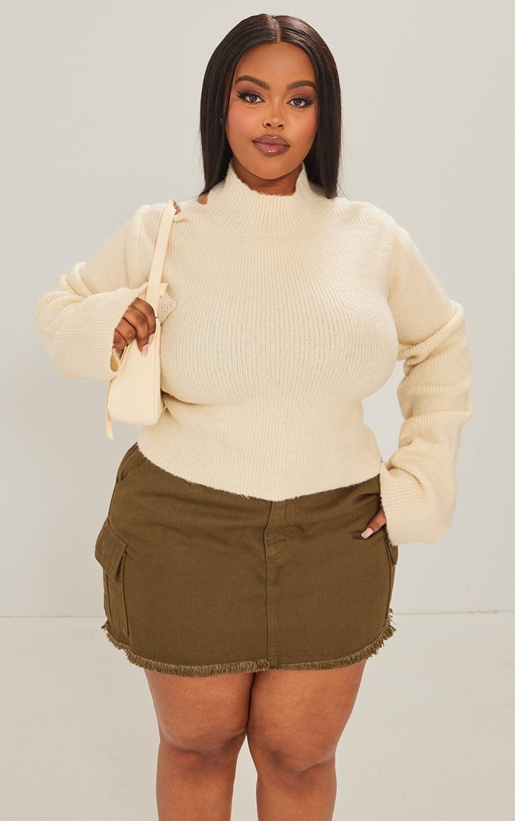 Plus Cream Rib Knit Open Back Cropped Sweater Product Image