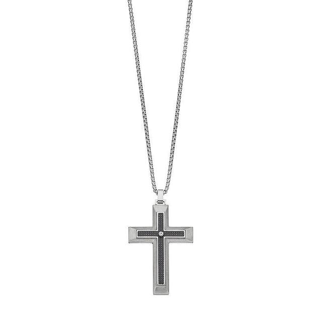 LYNX Mens Stainless Steel Carbon Fiber & Cubic Zirconia Cross Pendant Necklace Grey Product Image