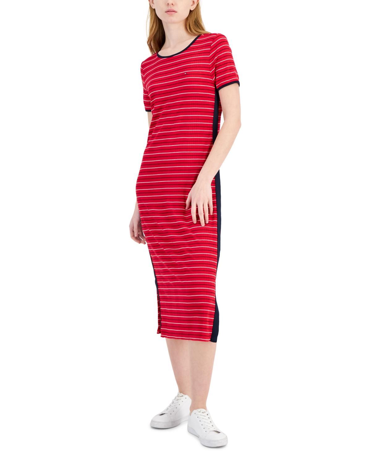 Tommy Hilfiger Womens Striped Ribbed Midi Dress Red Product Image