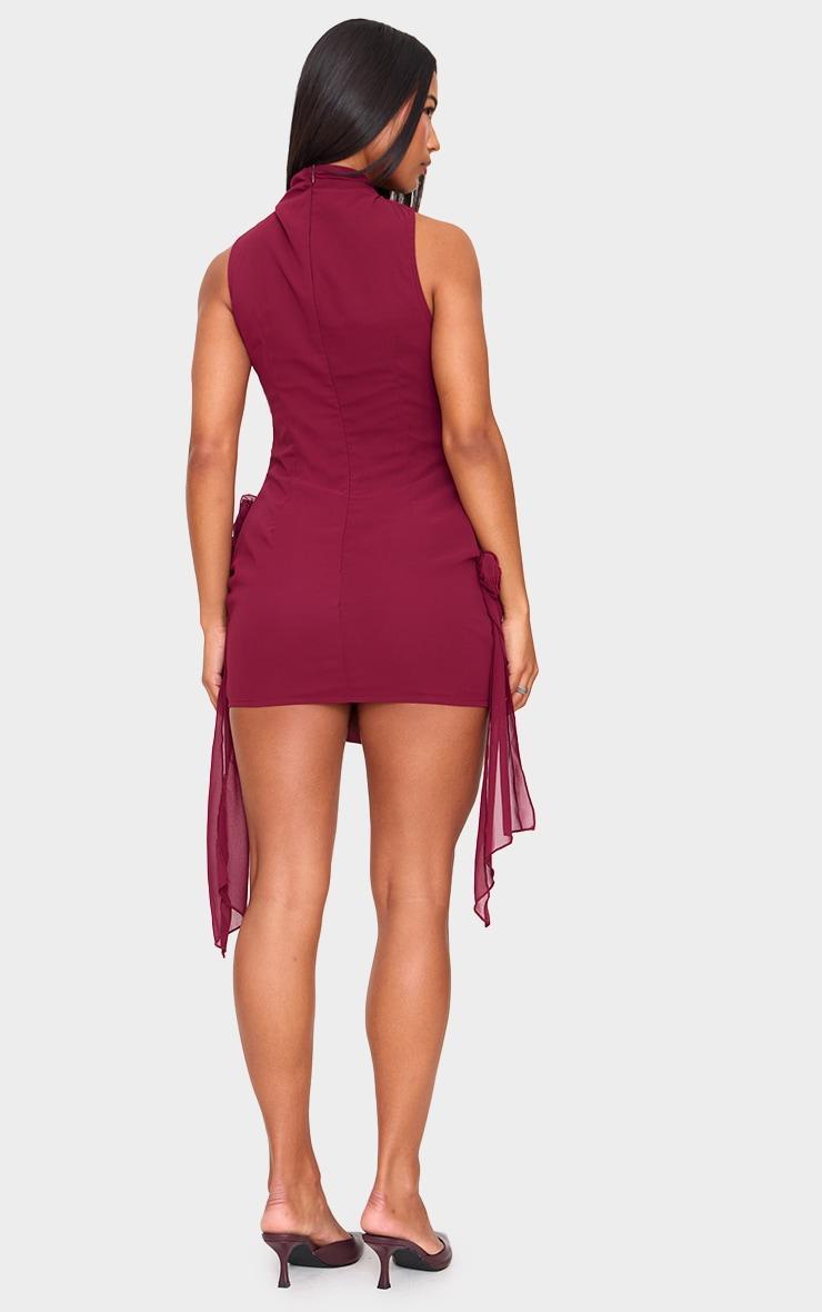 Burgundy Chiffon Boat Neck Drape Detail Mini Dress Product Image