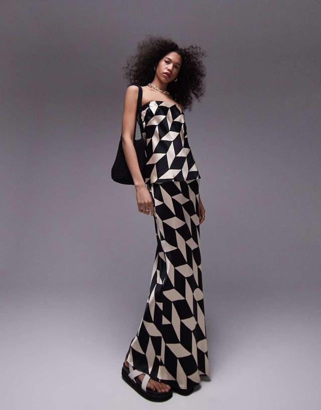 Topshop satin maxi bias skirt in mono geo print - part of a set Product Image