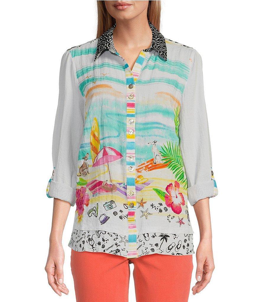 John Mark Petite Size Novelty Mix Print Button Front Roll-Tab Sleeve Tunic Product Image