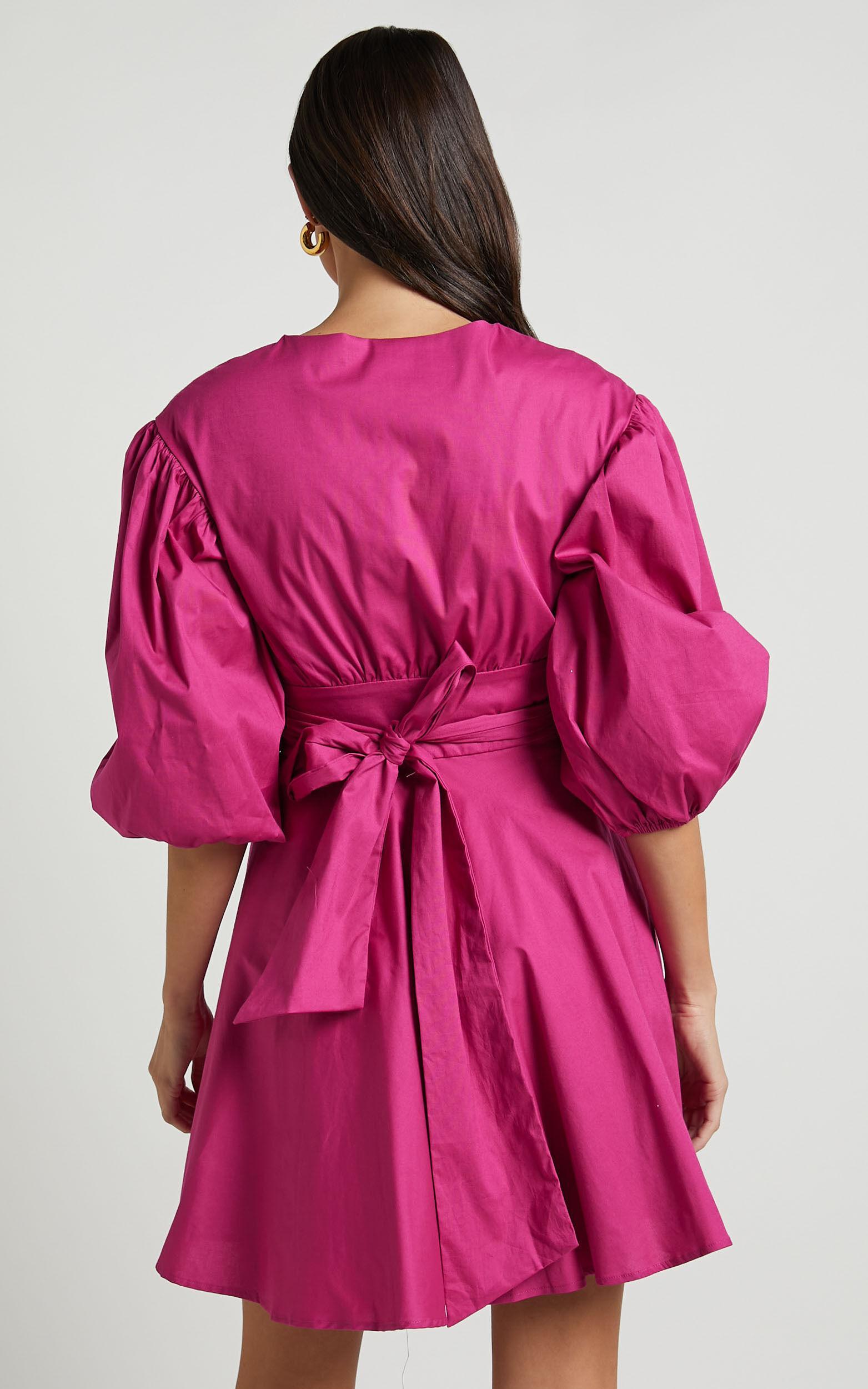 Zyla Mini Dress - Puff Sleeve Wrap Dress in Berry Product Image