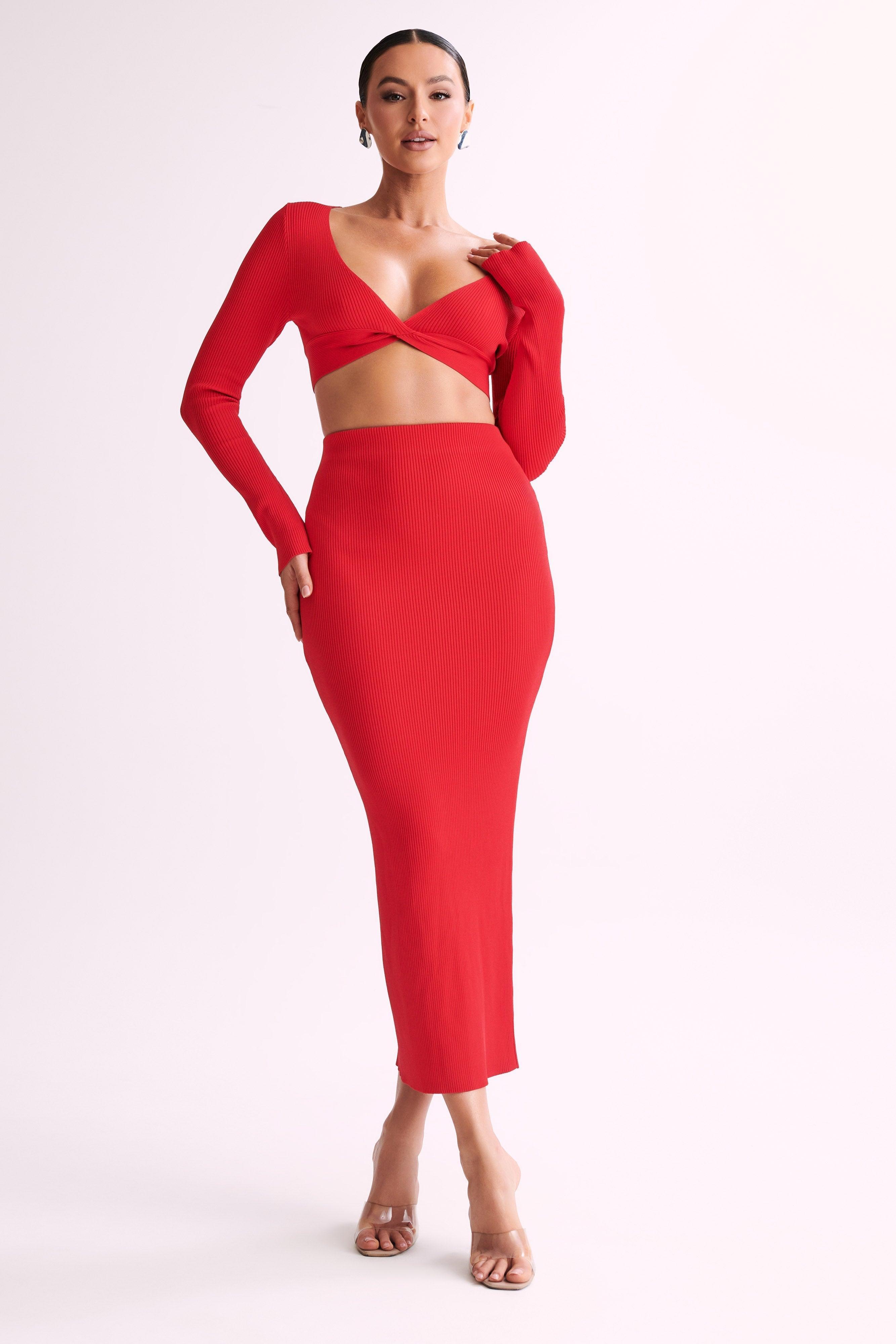 Kaesha Split Maxi Knitted Skirt - Red Product Image