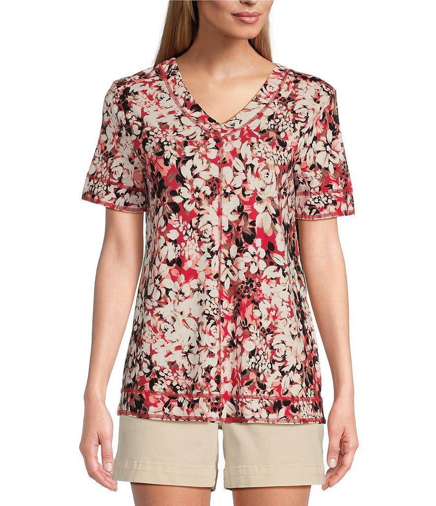 Westbound Petite Size Floral Knit Short Sleeve V-Neck Top Product Image