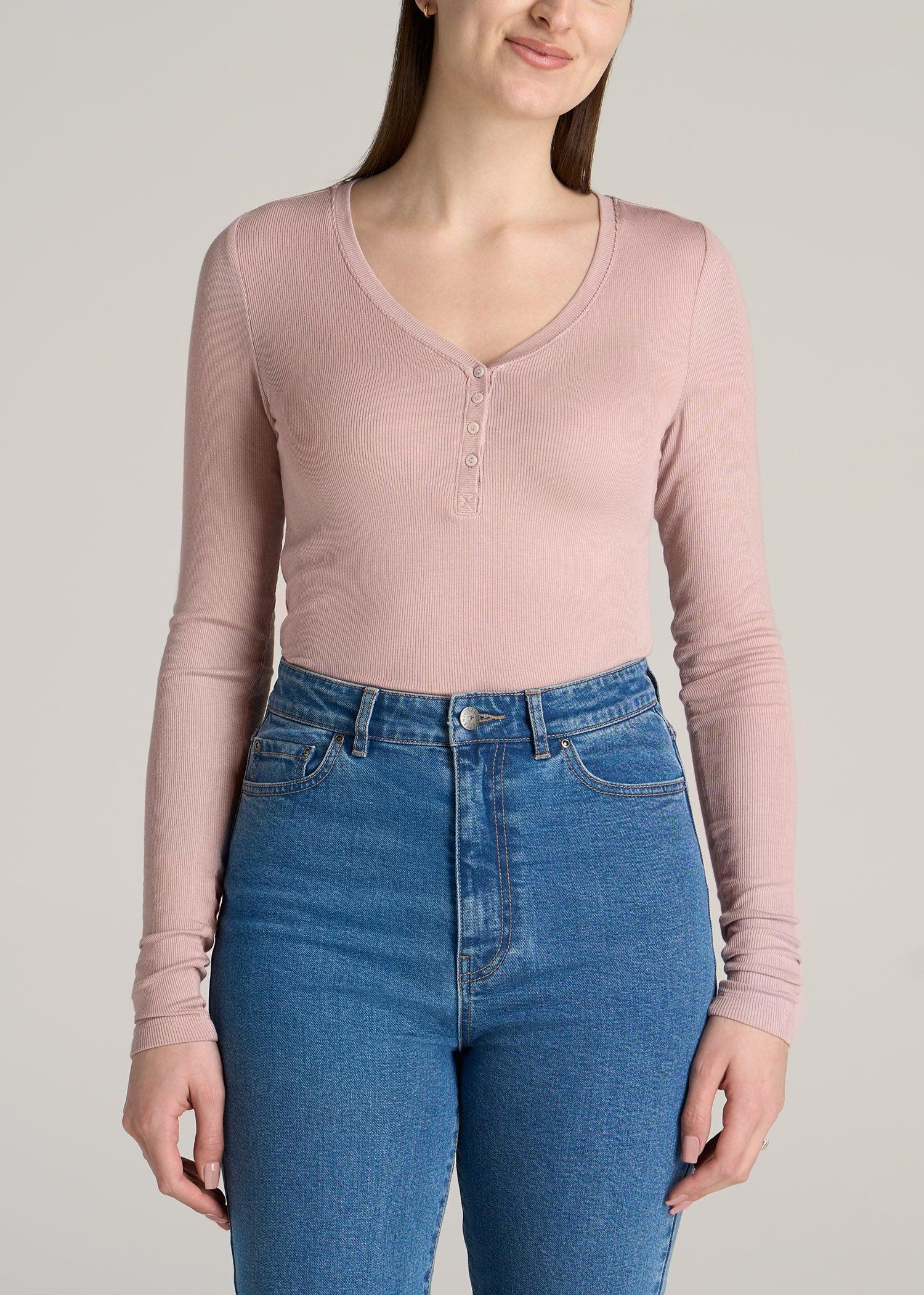 Tall Women's FITTED Ribbed Long Sleeve Henley in Ballerina Pink product image