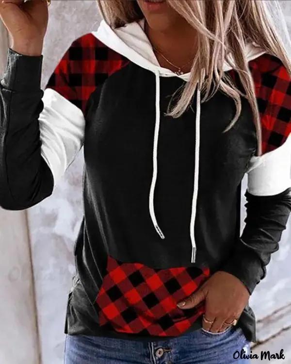 Olivia Mark – Hooded top with drawstring and color block check print Product Image