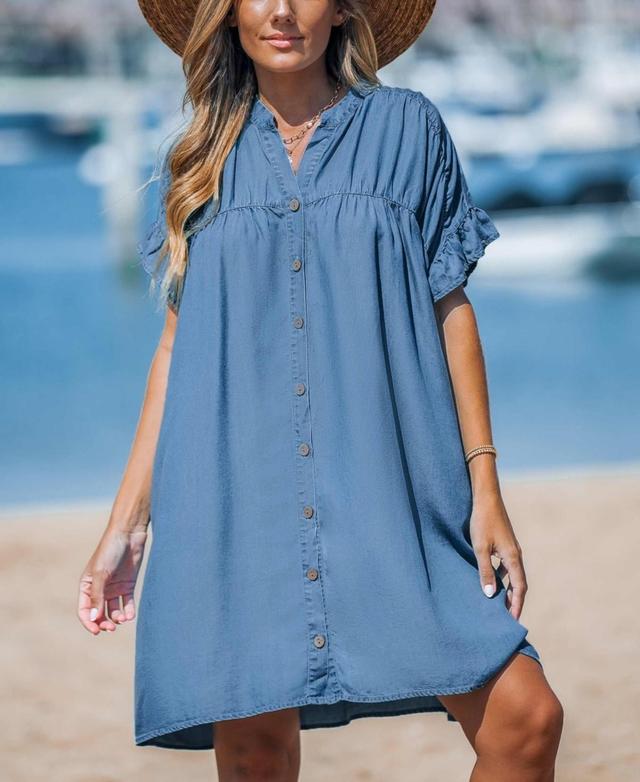 Women's Denim Front Button Ruffle Sleeve Mini Beach Dress Product Image