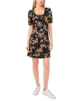 Women's Floral Puff-Sleeve Square-Neck Knit Dress Product Image