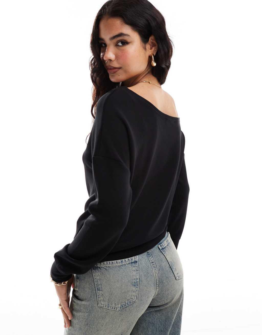 Stradivarius soft touch off shoulder sweatshirt in black Product Image