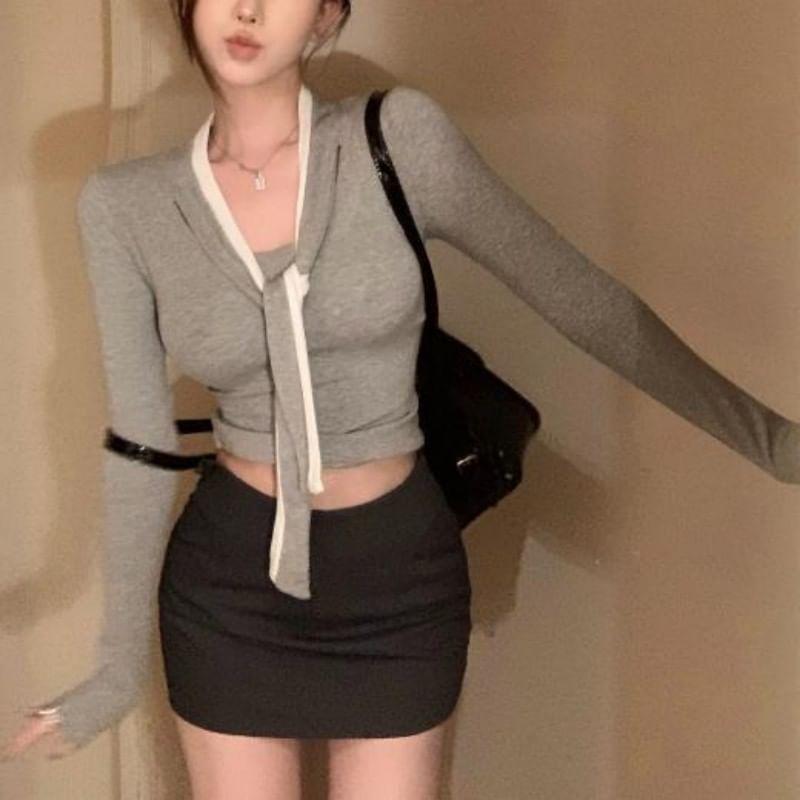 Long Sleeve Tie Neck Two Tone Knit Top Product Image