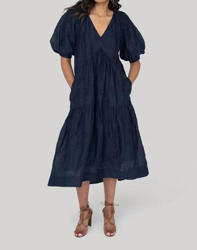 V-neck Puff Sleeve Maxi Dress In Navy In Blue Product Image