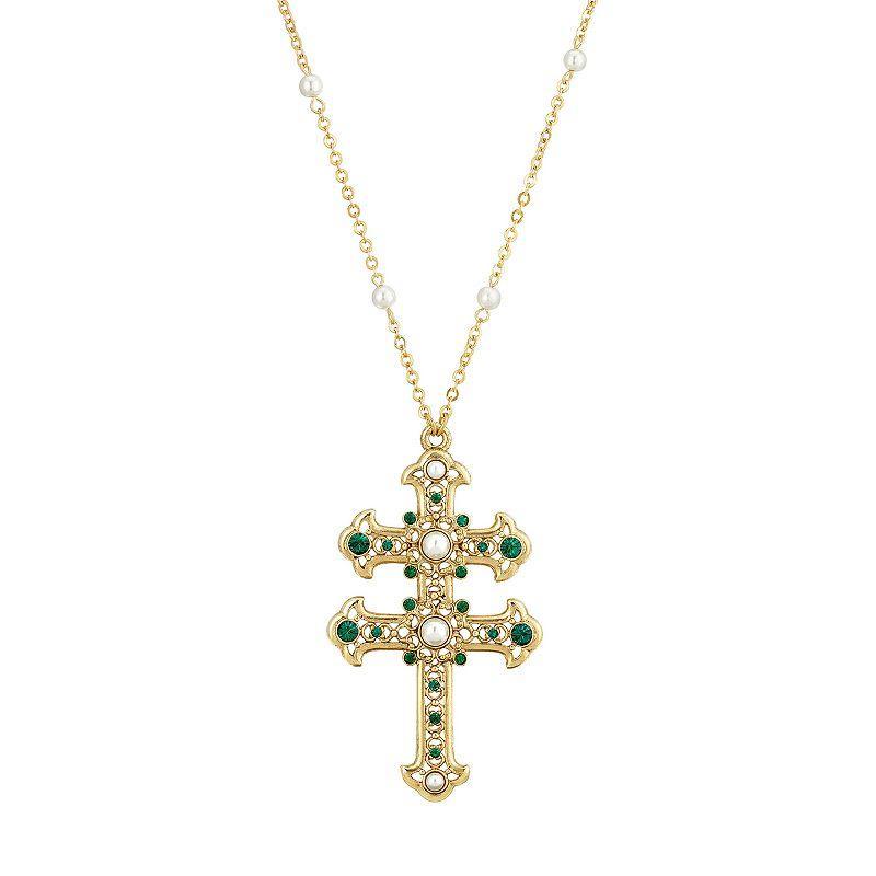 1928 Gold Tone Simulated Pearl & Simulated Crystal Double Cross Pendant Necklace, Womens, Green Product Image