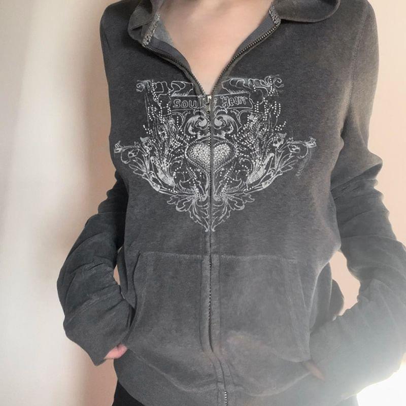 Long Sleeve Heart Rhinestone Zip-Up Hooded Jacket Product Image