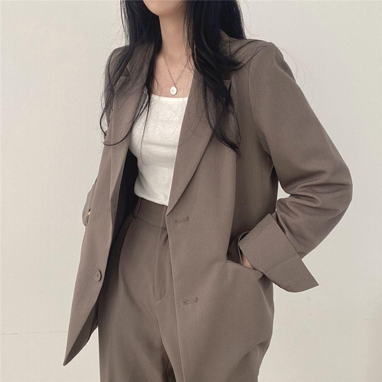 Lapel Collar Plain Single-Breasted Blazer / High Waist Wide Leg Dress Pants Product Image