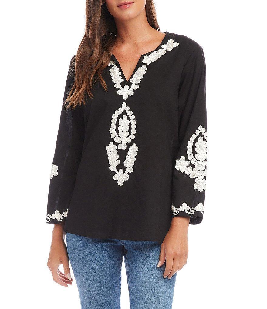 Karen Kane Woven Embroidered Split V-Neck Long Sleeve Tunic Product Image