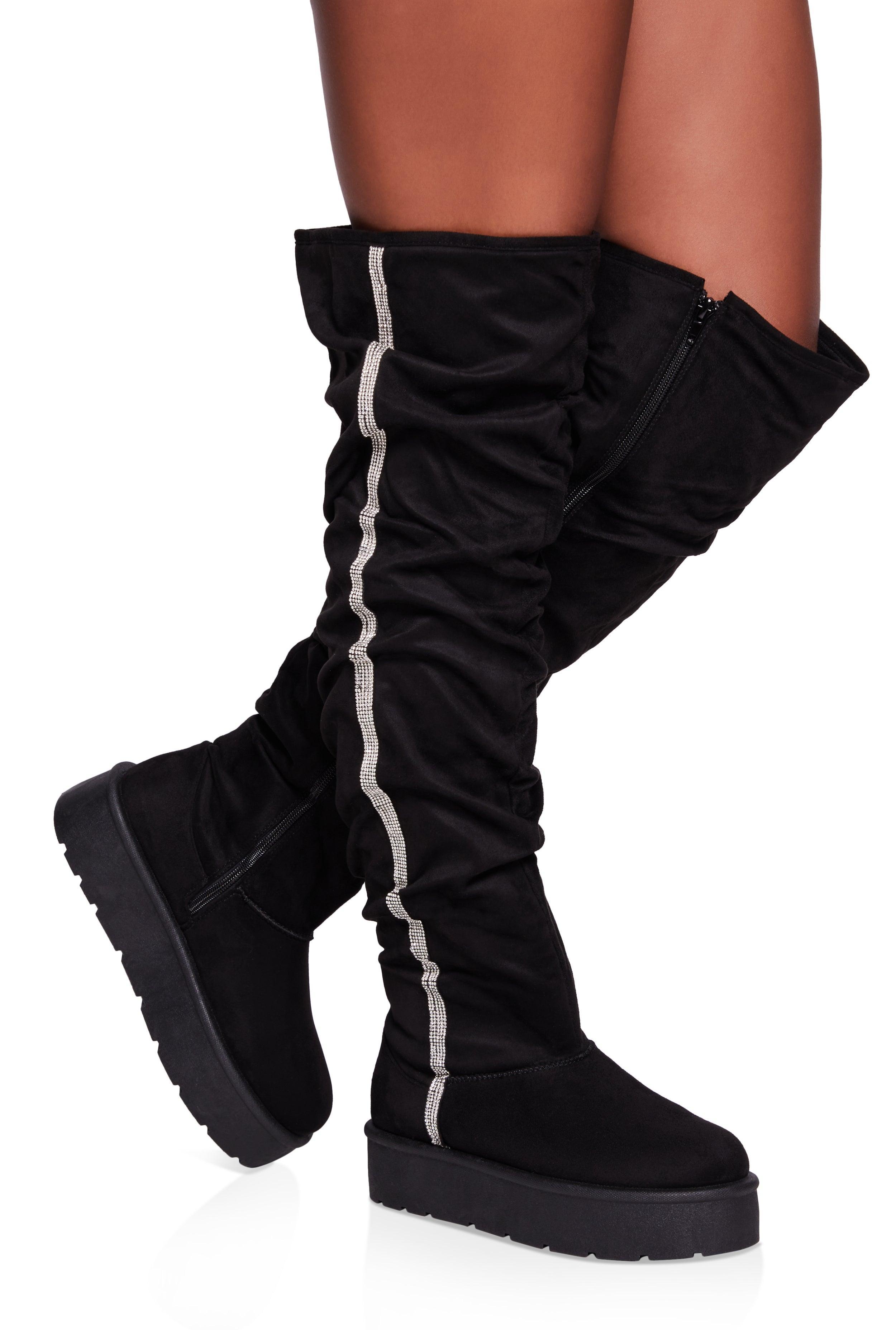 Womens Rhinestone Trim Slouch Over the Knee Boots Product Image