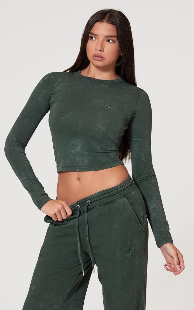 PRETTYLITTLETHING Forest Green Washed Longline Cotton Long Sleeve Fitted T-shirt Product Image