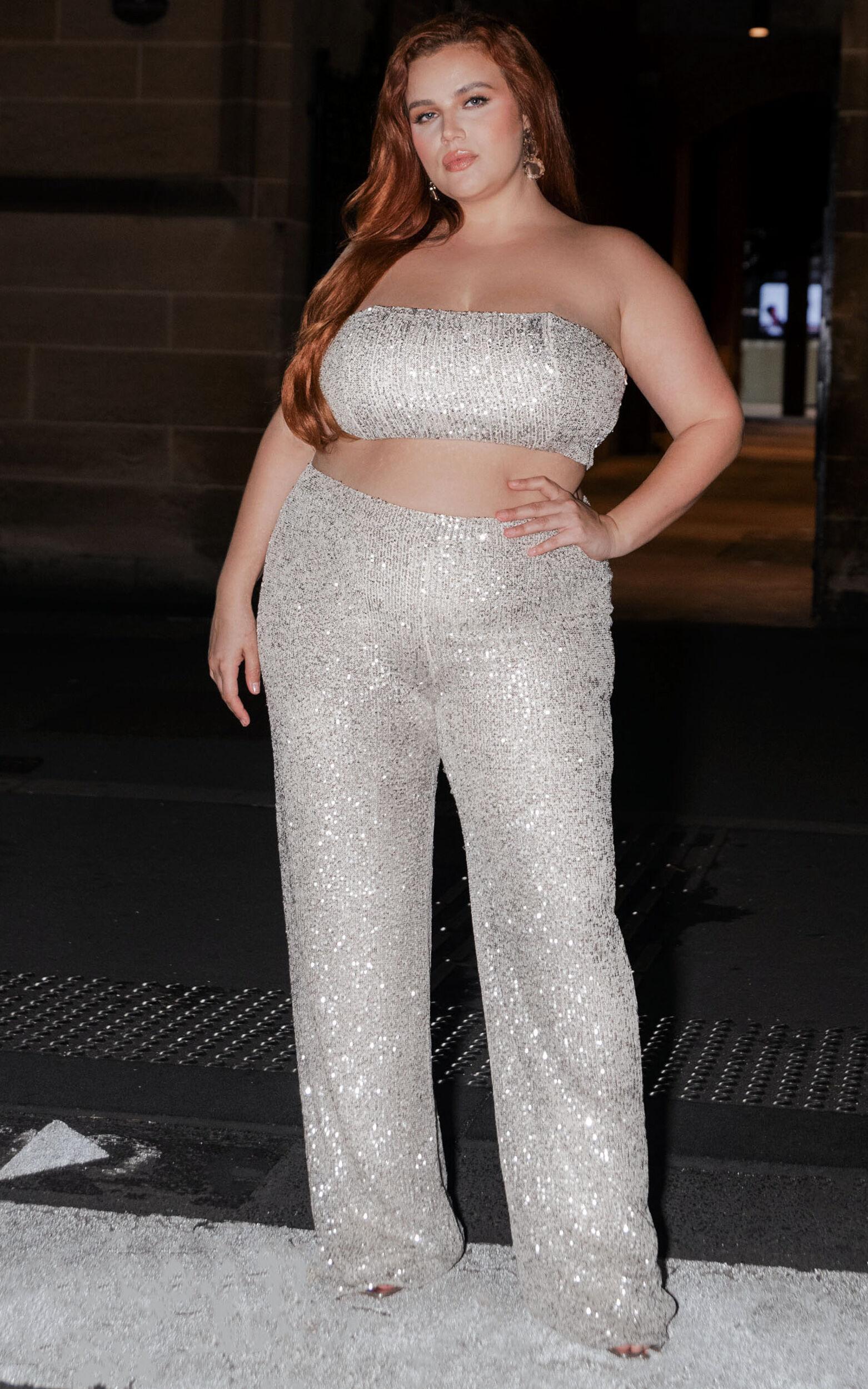 Imogen Two Piece Set - Bandeau Top and Straight Pants Set in Silver Sequin Product Image