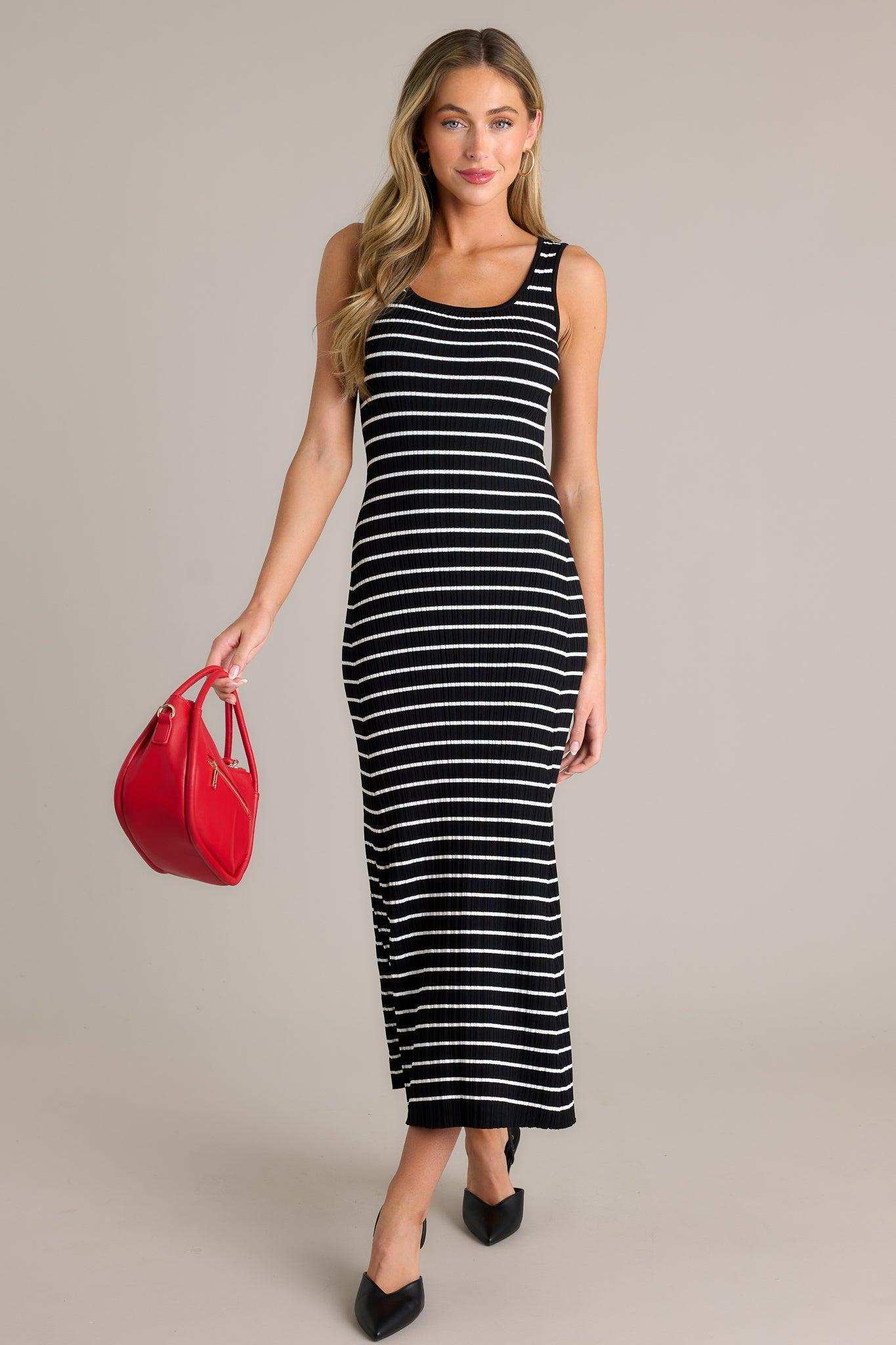 Classic Rhythm Black Stripe Ribbed Midi Dress Product Image