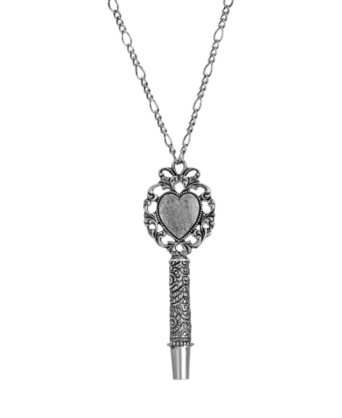 1928 Antiqued Silver Tone Heart Whistle Necklace, Womens Product Image